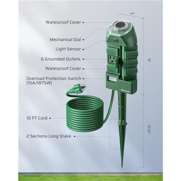 DEWENWILS Outdoor Power Strip Timer with Photocell, Dusk to Dawn, Weatherproof - Picture 6 of 7